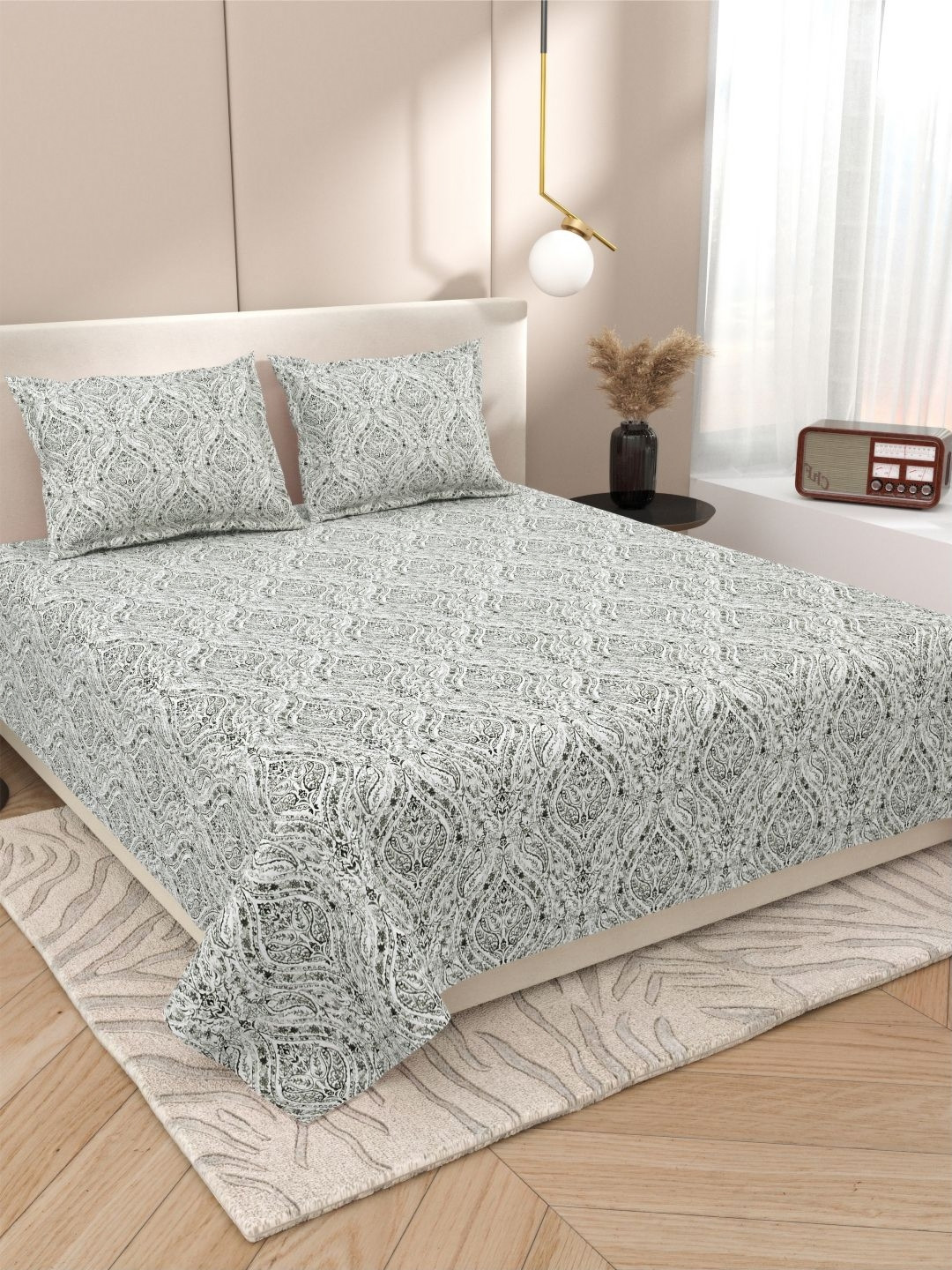 DREAM WEAVERZ White Ethnic Motifs Pure Cotton 220 TC King Fine Bedsheet Set 108x100 inches