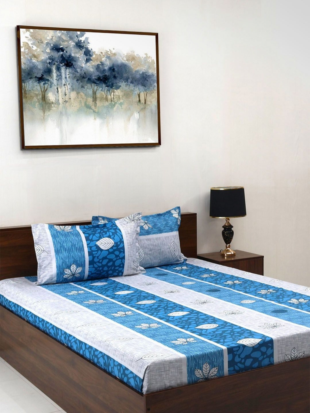 Steve & Anderson Elevate Navy Blue Floral Microfiber 164 TC Fitted Queen Bedsheet with 2 Pillow Covers-100 x 88 inches