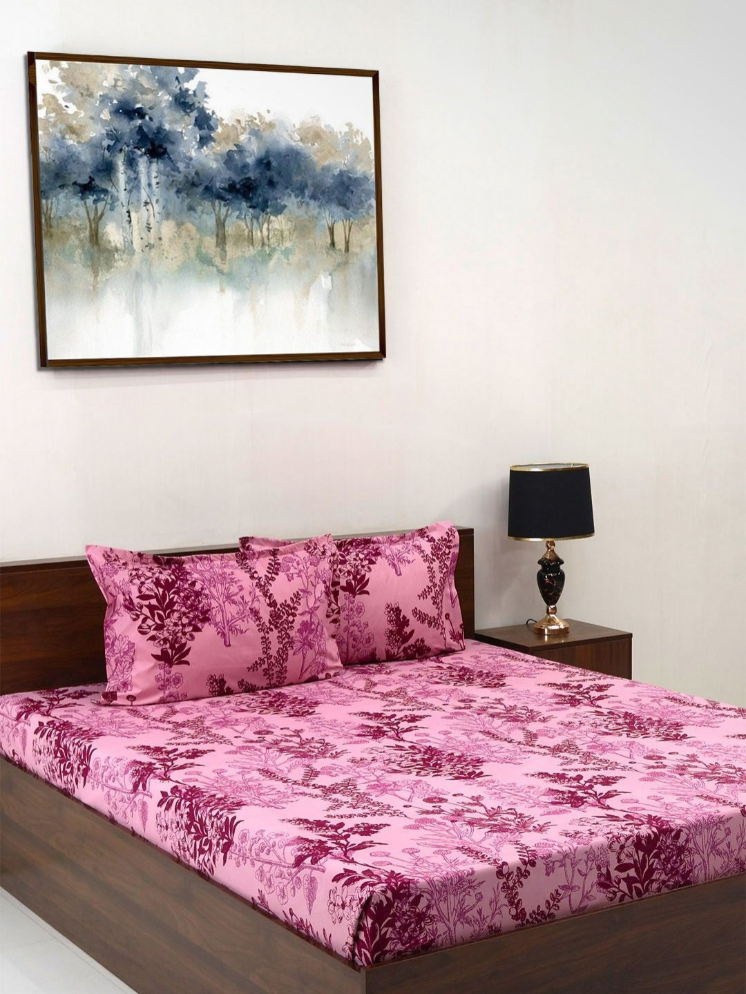 Steve & Anderson Elevate Magenta Floral Microfiber 164 TC Double Bedsheet with 2 Pillow Covers-88 x 100 inches