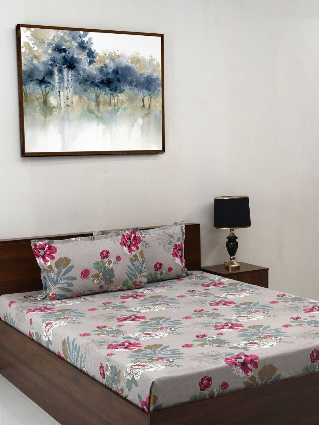 Steve & Anderson Elevate Grey Floral Microfiber 164 TC Queen Bedsheet with 2 Pillow Covers-88 x 100 inches