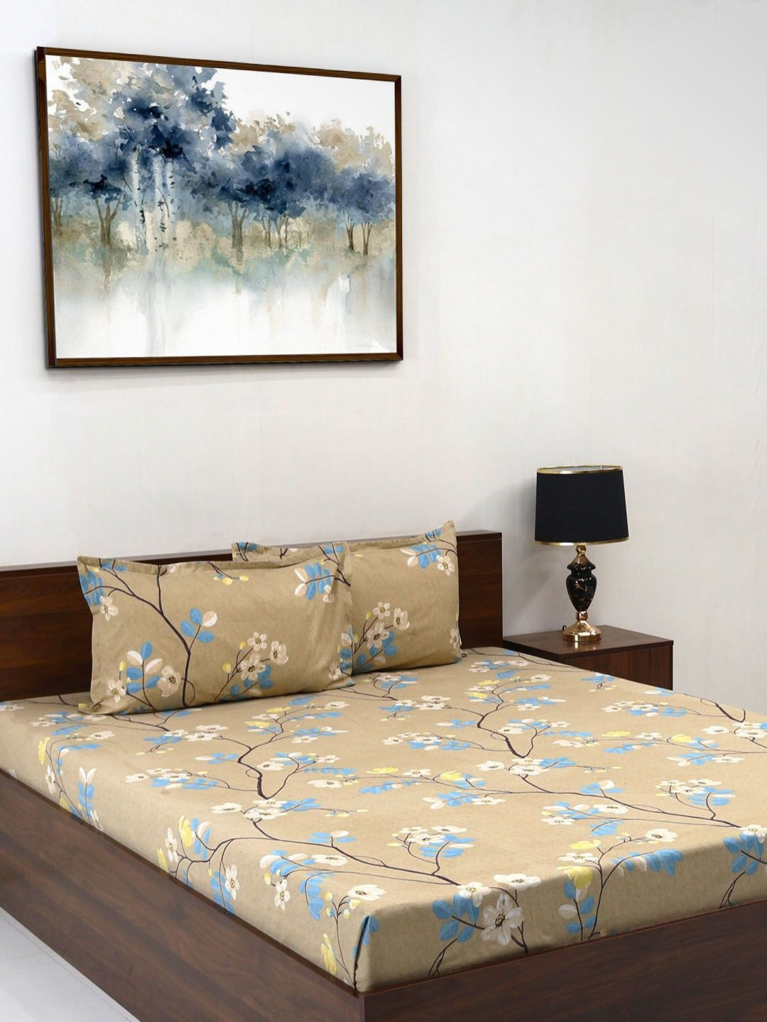 Steve & Anderson Olive Floral Microfiber 164 TC Queen Bedsheet with 2 Pillow Covers-224 x 254 cm