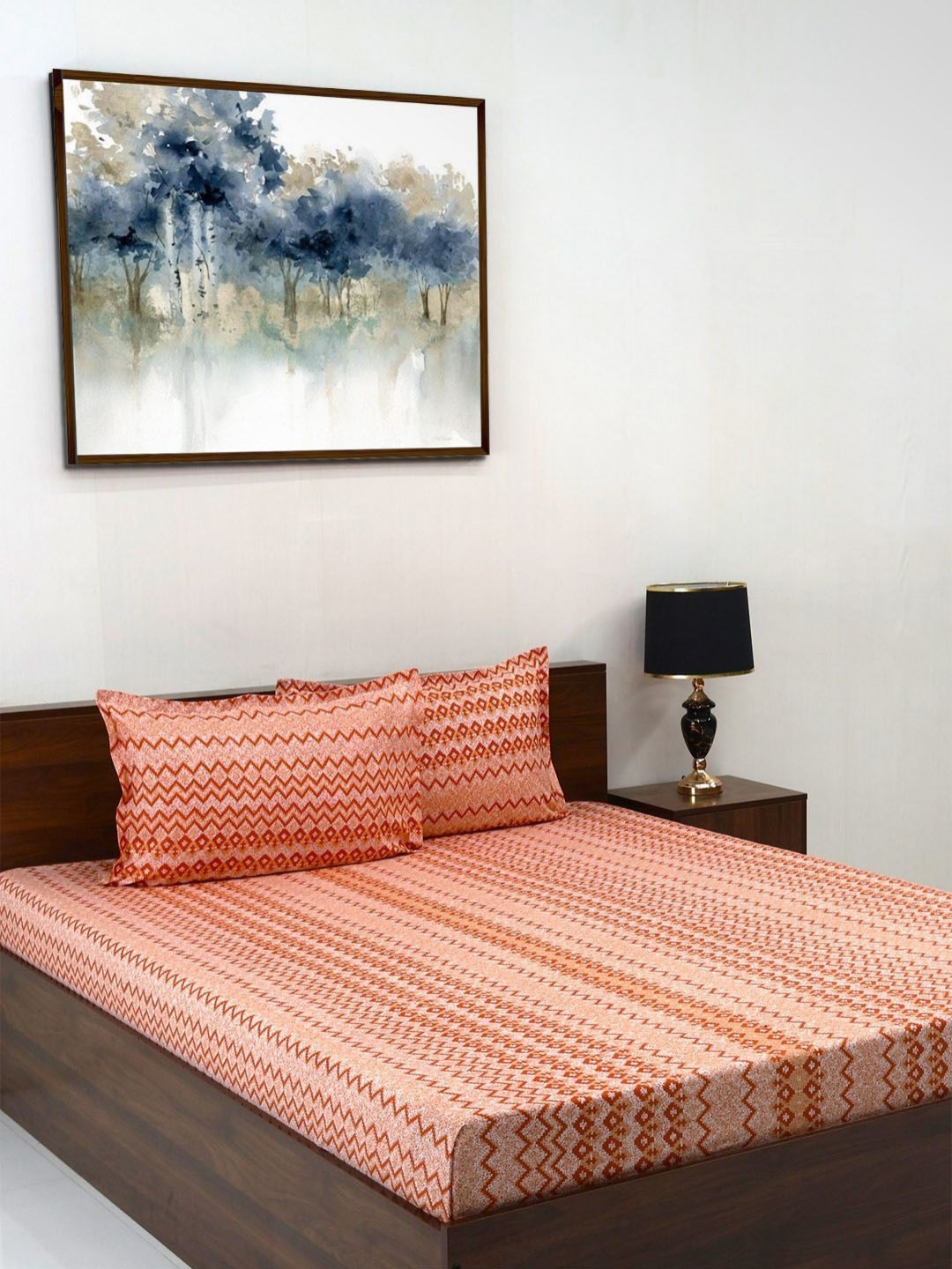 Steve & Anderson Elevate Orange Chevron Microfiber 164 TC Queen Bedsheet with 2 Pillow Covers-88 x 100 inches