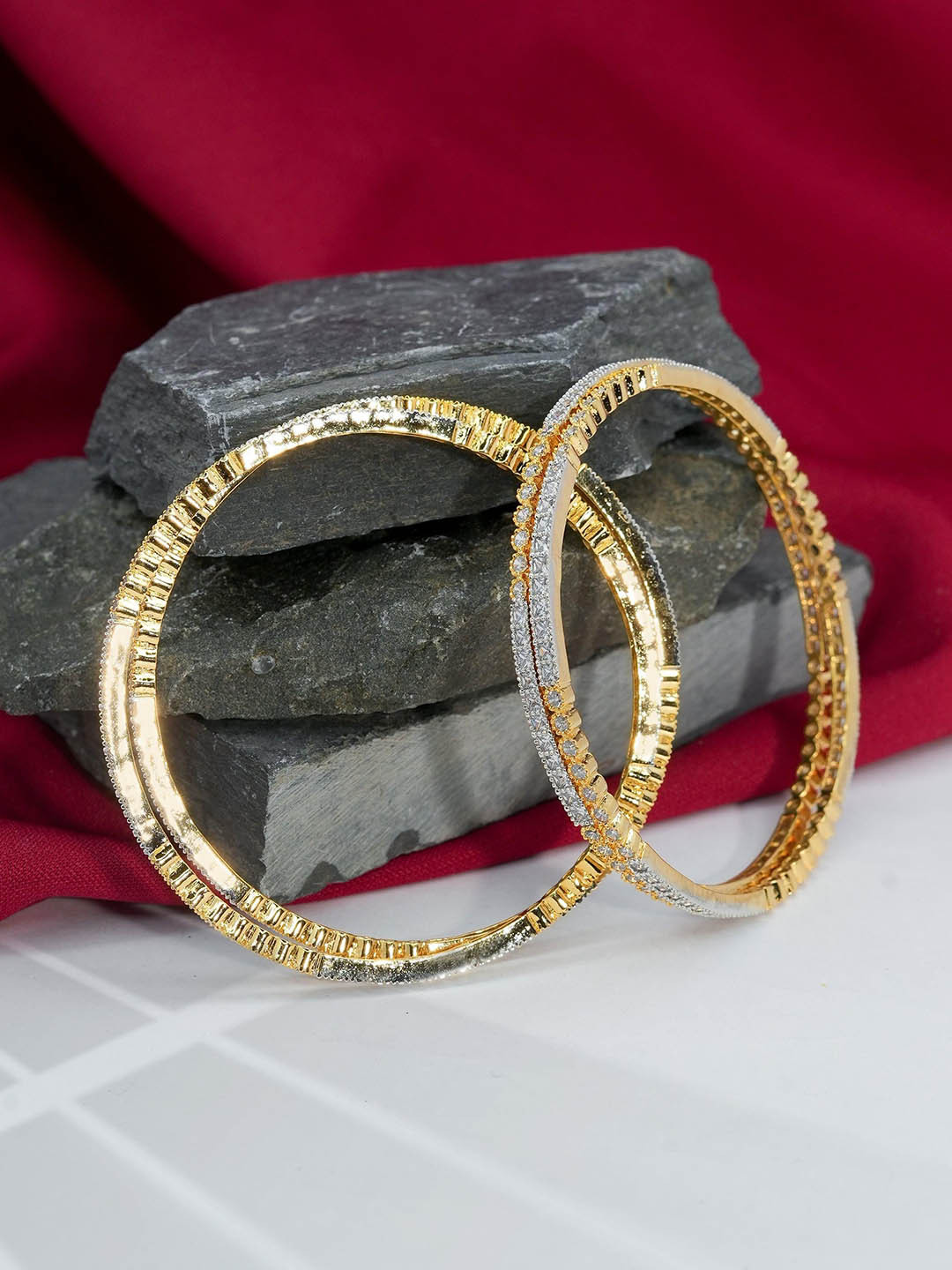 Zevarly Set Of 2 Gold Plated American Diamond Stone Studded Rajeshwari Bangles