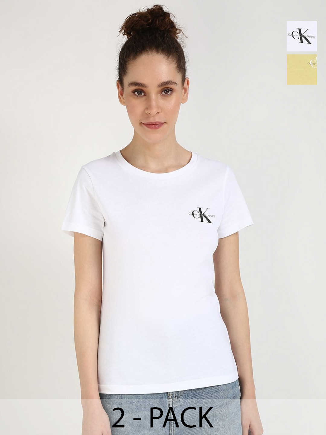 Calvin Klein Jeans Women Pack Of 2 Typography Printed Round Neck Cotton Slim Fit T-shirts