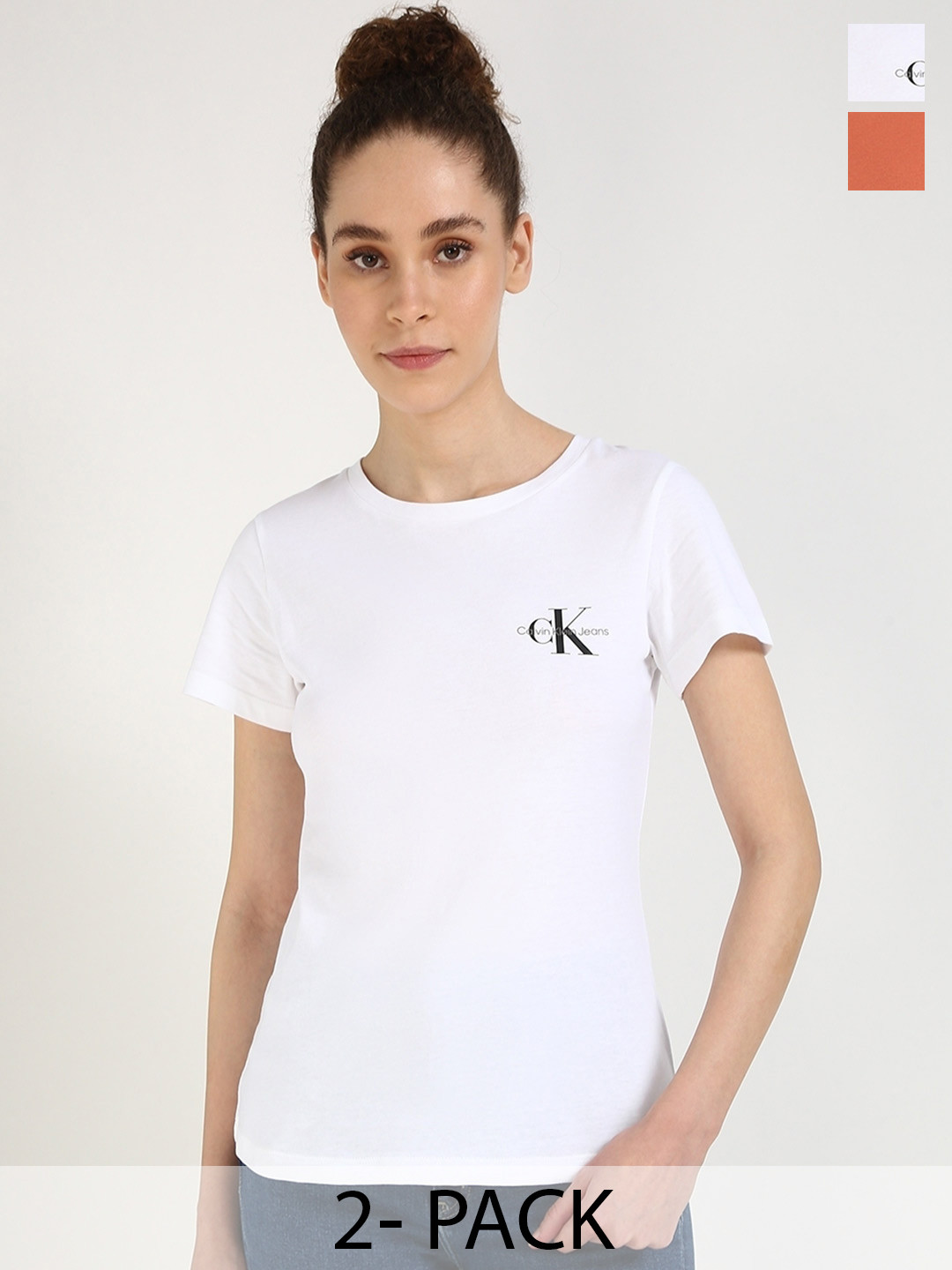 Calvin Klein Jeans Women Pack Of 2 Typography Printed Round Neck Cotton Slim Fit T-shirts