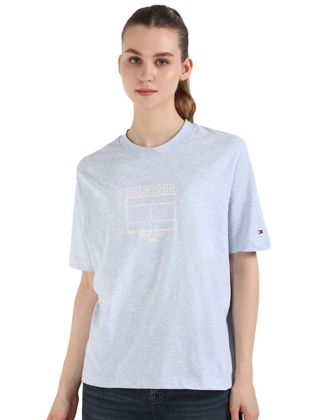 Tommy Hilfiger Women MDRN Graphic Printed Round Neck Cotton Relaxed Fit T-shirt