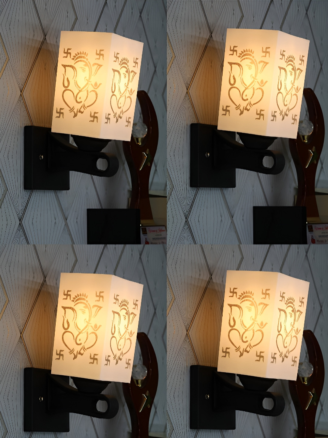 Gojeeva Black & White 4 Pieces Lord Ganesha Printed Metal Rectangle Shaped Wall Lamps