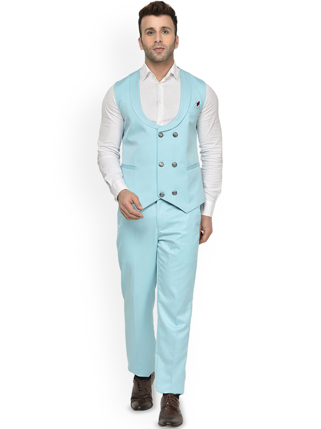 READYON Men 2-Pc Collarless Double Breasted Suit