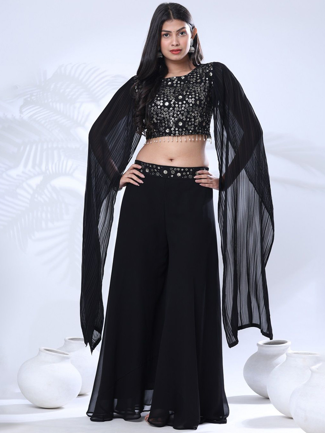 Pionex Embellished Round Neck Top With Palazzos