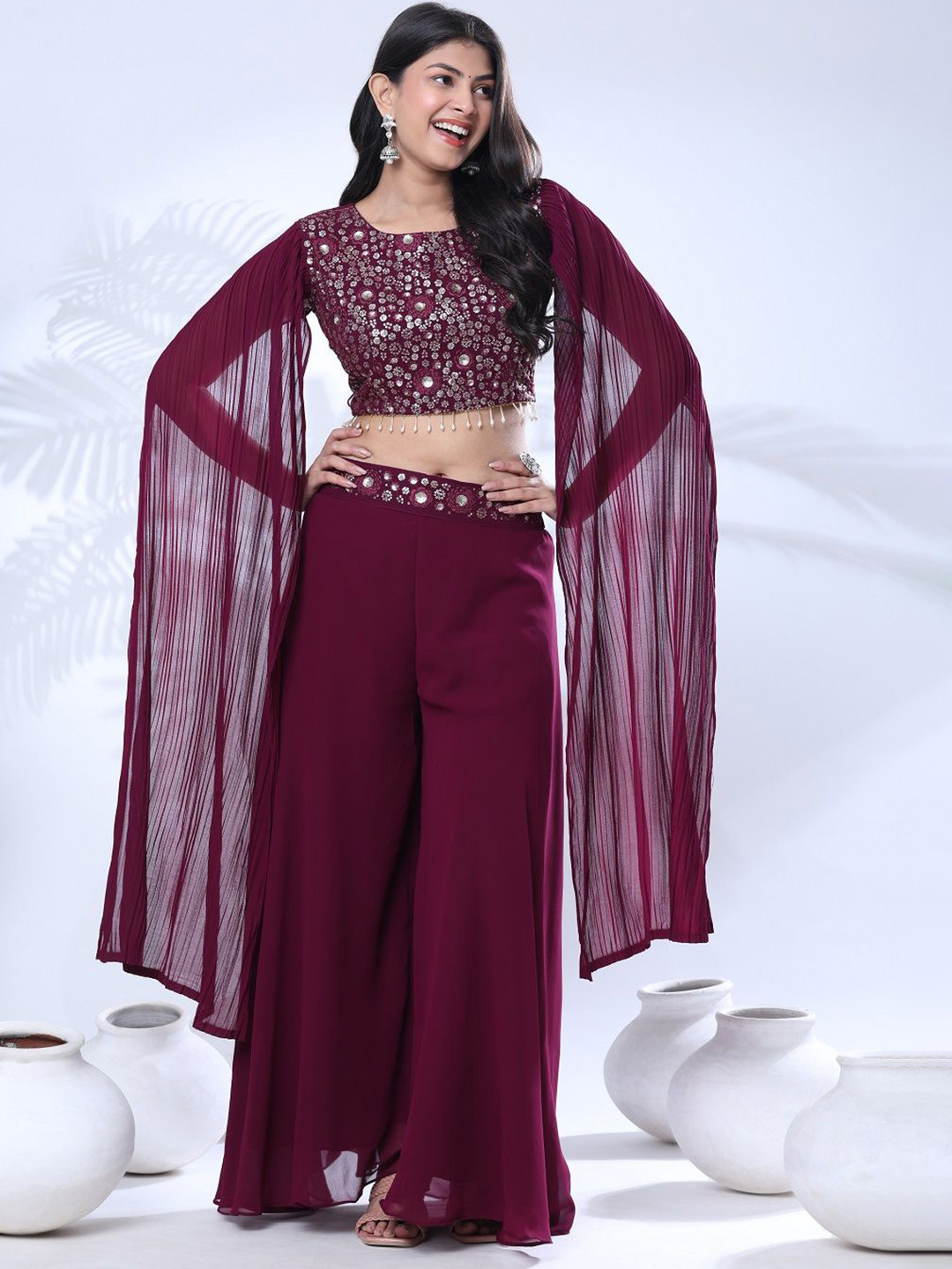 Pionex Embellished Round Neck Top With Palazzos