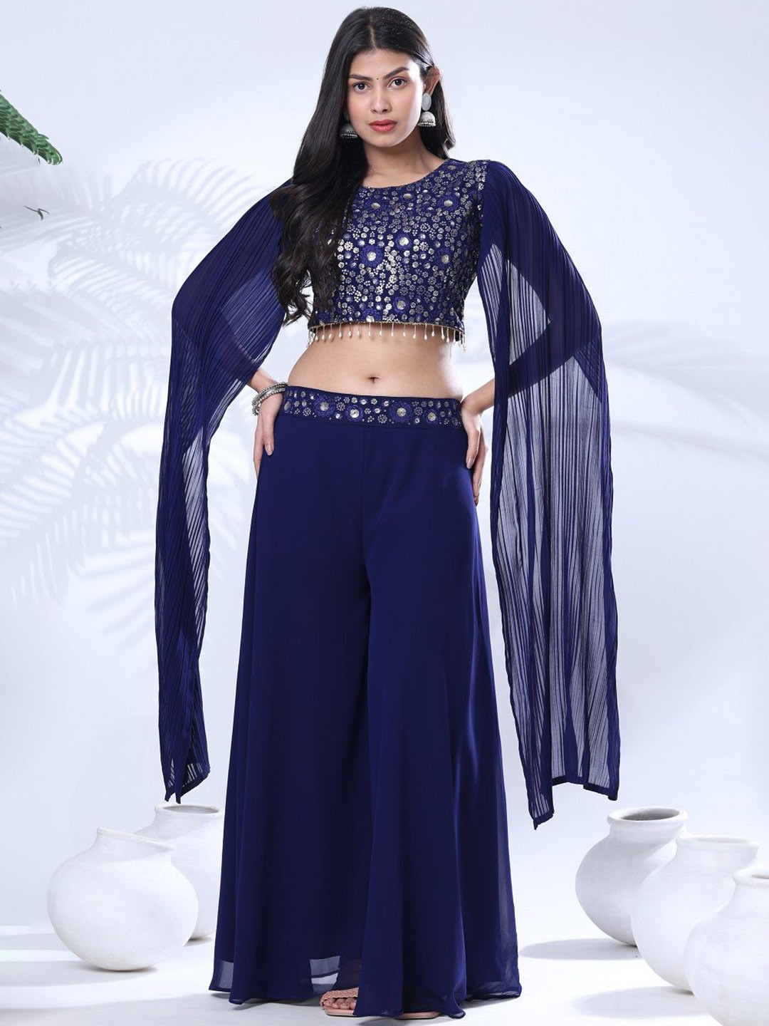 Pionex Embellished Round Neck Top With Palazzos