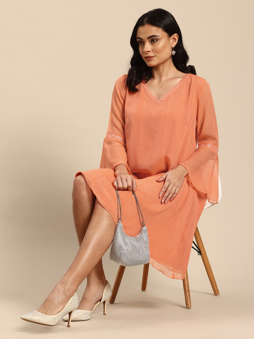 Qurvii Striped Bell Sleeve Georgette A-Line Dress