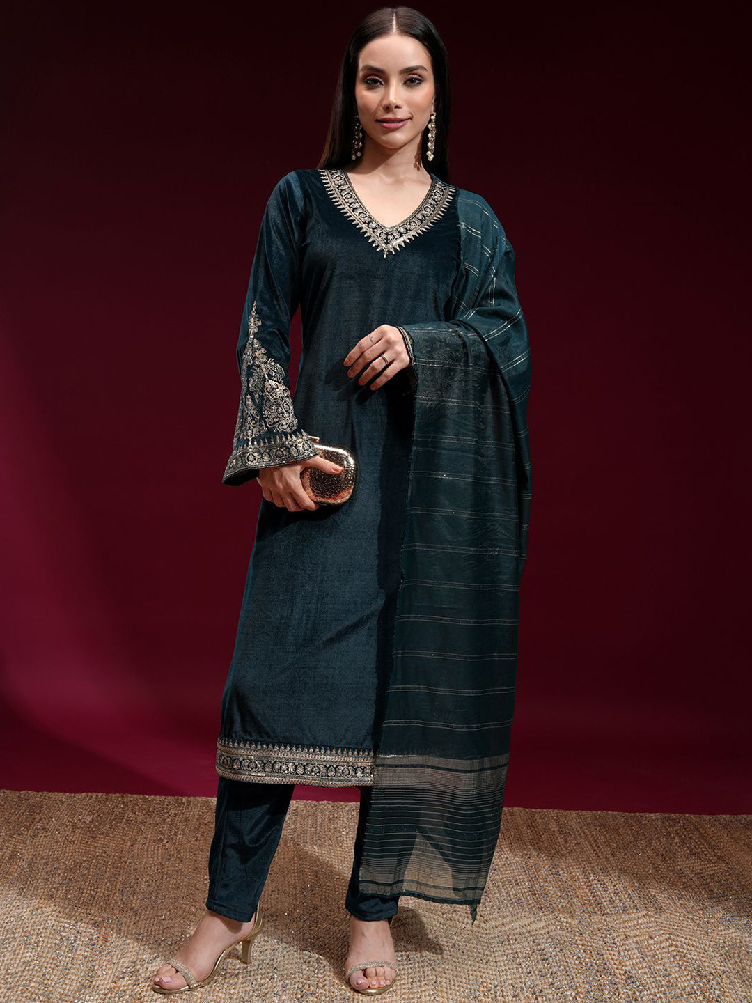 Vishudh Women Embroidered Velvet Straight Kurta with Slim Pants & Dupatta