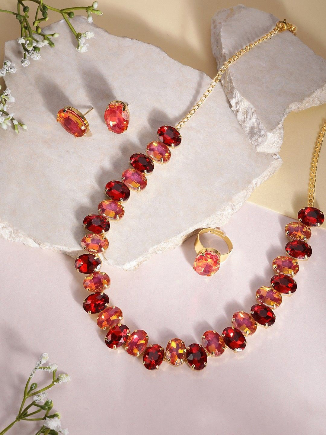 ORANGENYSHA 18K Gold Plated Stone Studded Necklace and Earrings With Finger Ring