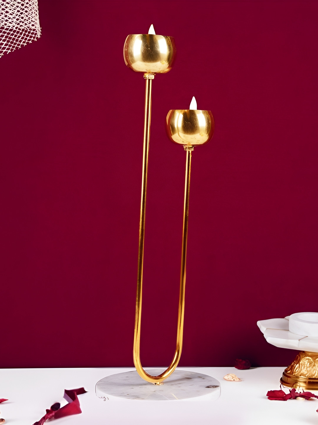 THE HOME CO. Gold-Toned & White U Shape T Light Candle Holder