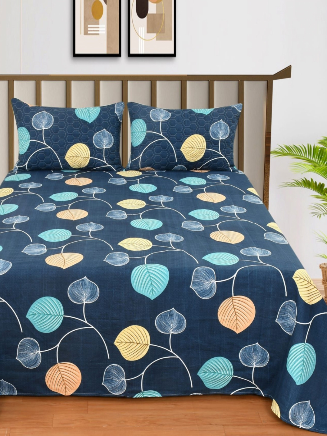 Aura Daffodil Navy Blue Leaf Cotton 400 TC King Superfine Bedsheet with 2 Pillow Covers-91 x 100 inches
