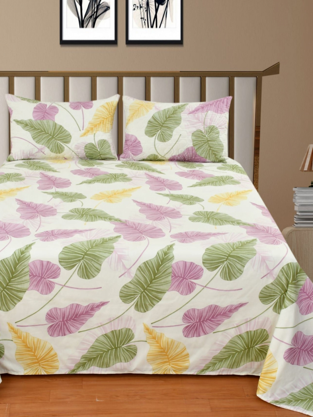 Aura Bliss Off White Floral Printed Pure Cotton 400 TC King Bedsheet Set 2.30 m X 2.55 m