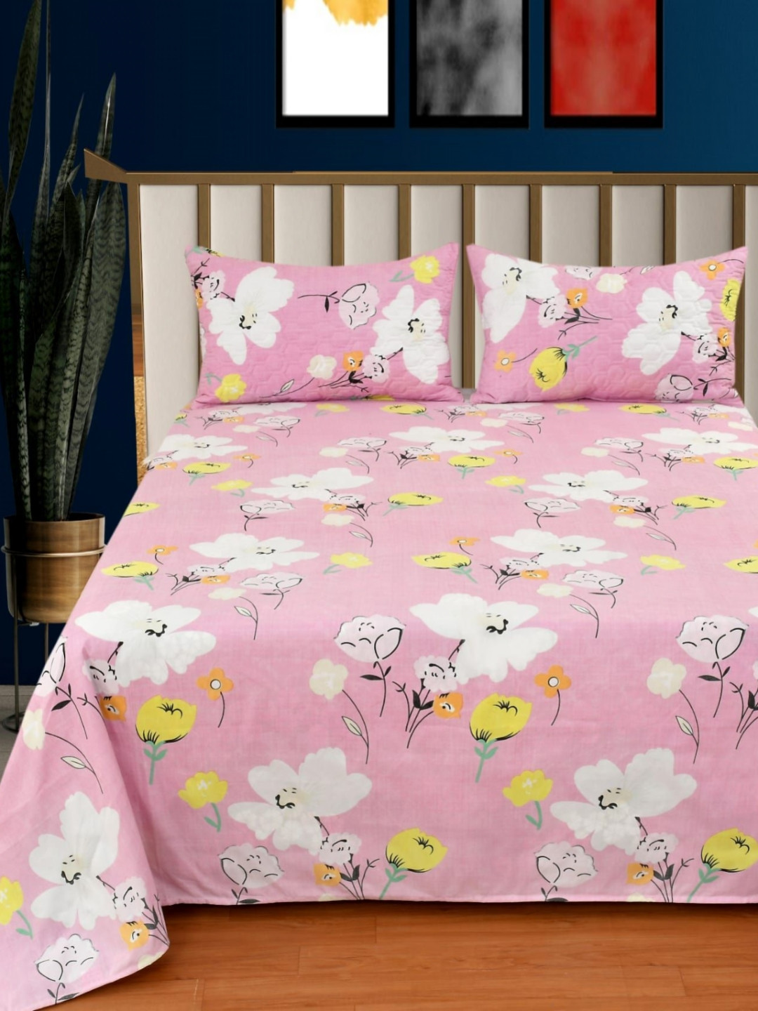 Aura Daffodil Pink Floral Cotton 400 TC King Superfine Bedsheet with 2 Pillow Covers-91 x 100 inches