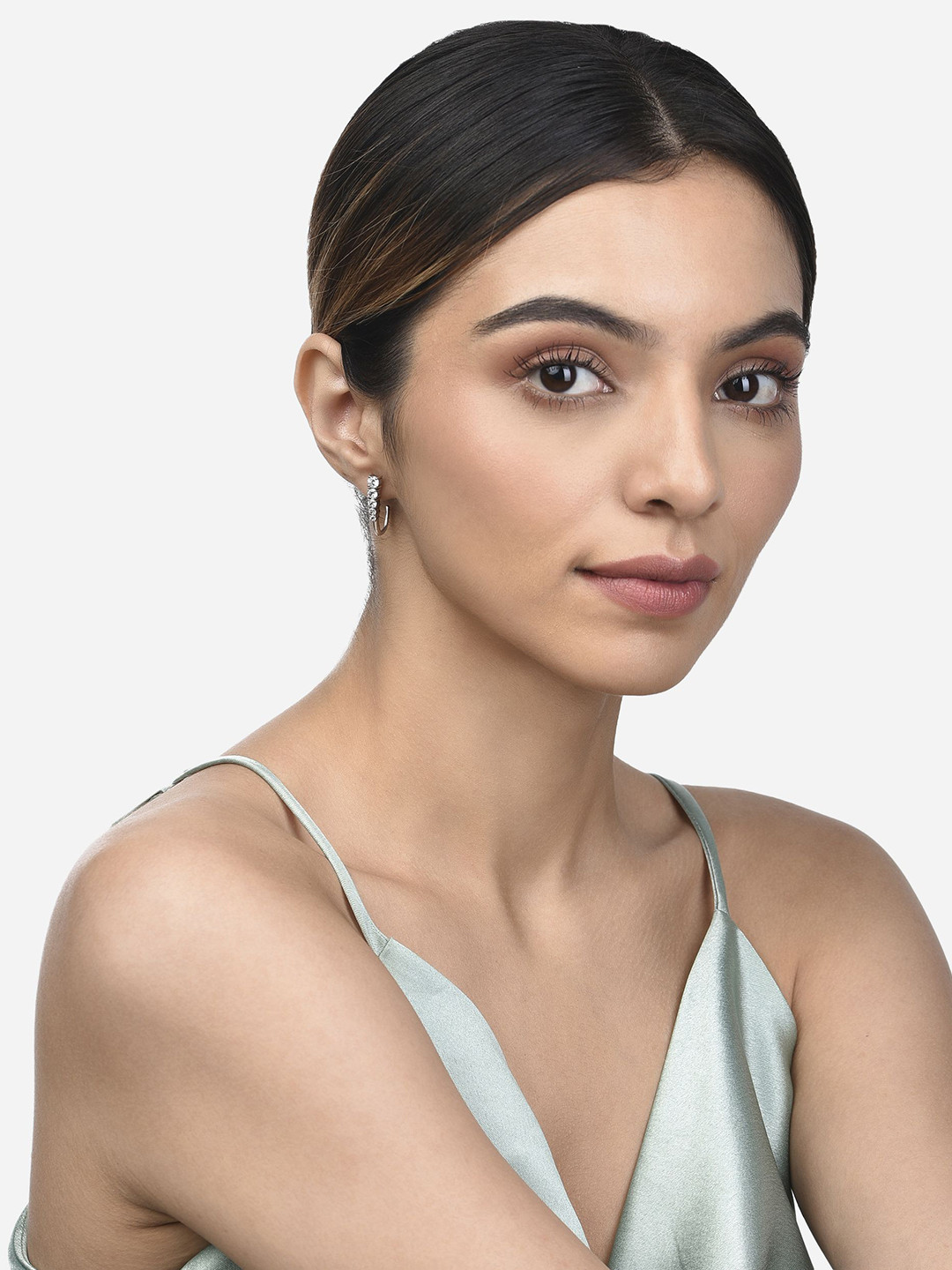 FIAN Sterling Silver Rhodium-Plated Cubic Zirconia Circular Shaped Half Hoop Earrings