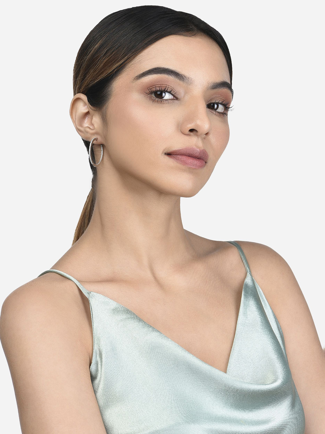 FIAN Sterling Silver Rhodium-Plated Cubic Zirconia Circular Shaped Hoop Earrings