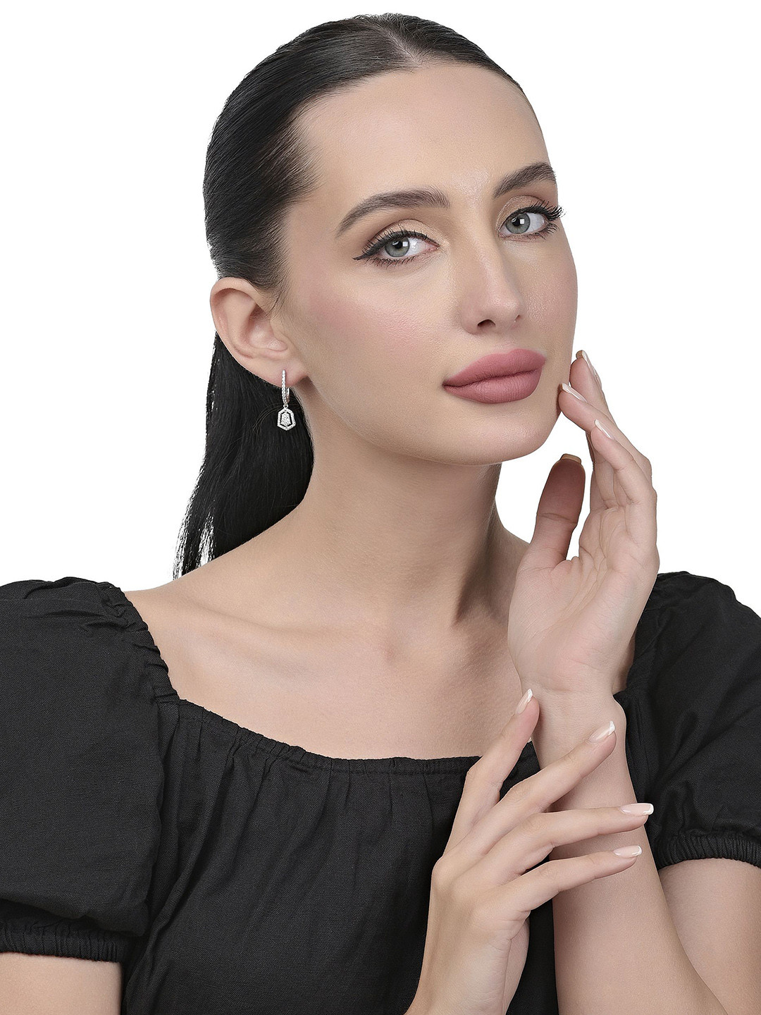 FIAN 925 Sterling Silver Rhodium-Plated Cubic Zirconia Studded Contemporary Hoop Earrings