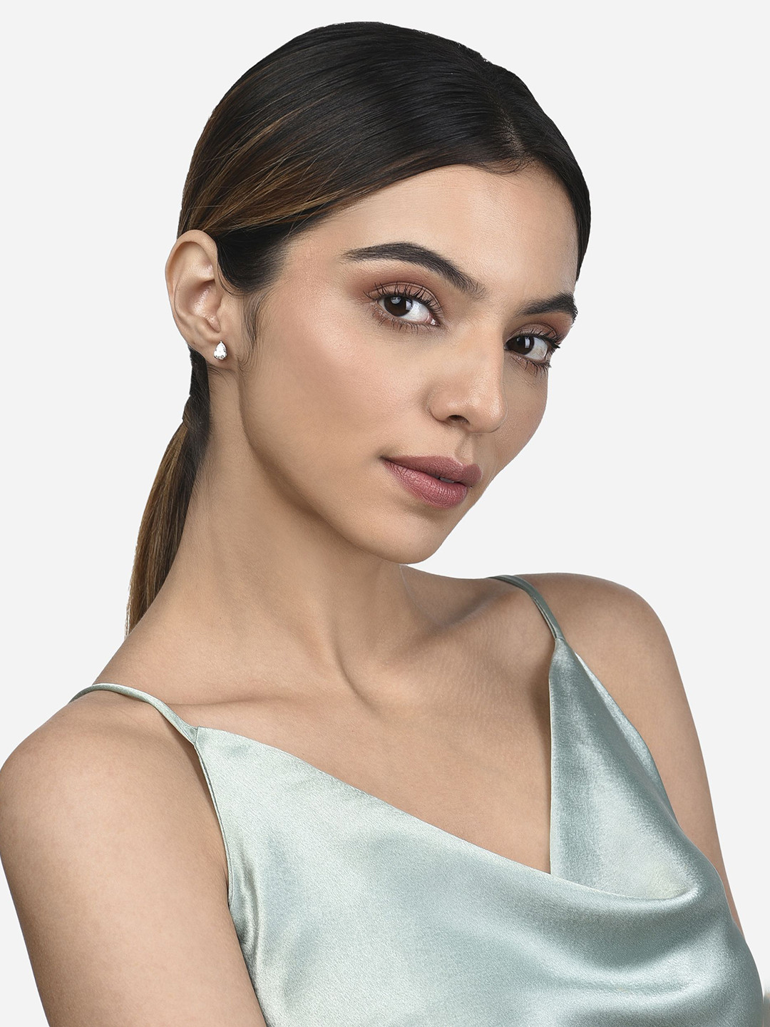 FIAN 925 Sterling Silver Rhodium-Plated Cubic Zirconia Studded Teardrop Shaped Studs