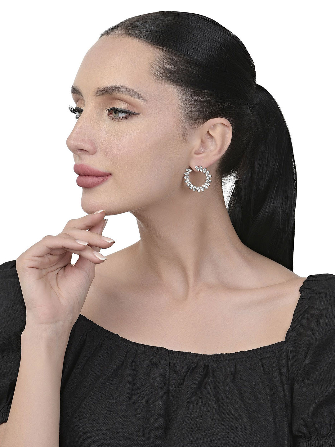 FIAN Sterling Silver Rhodium-Plated Cubic Zirconia Circular Shaped Hoop Earrings