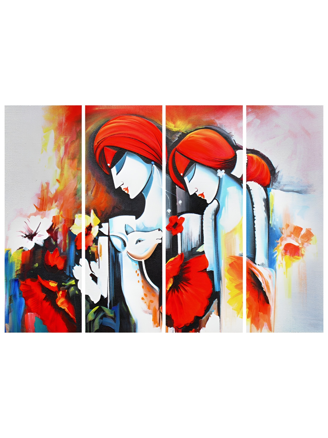 Inephos Red And White 4 Pieces Radha Krishna Divine Religious Printed Vinyl Wall Arts