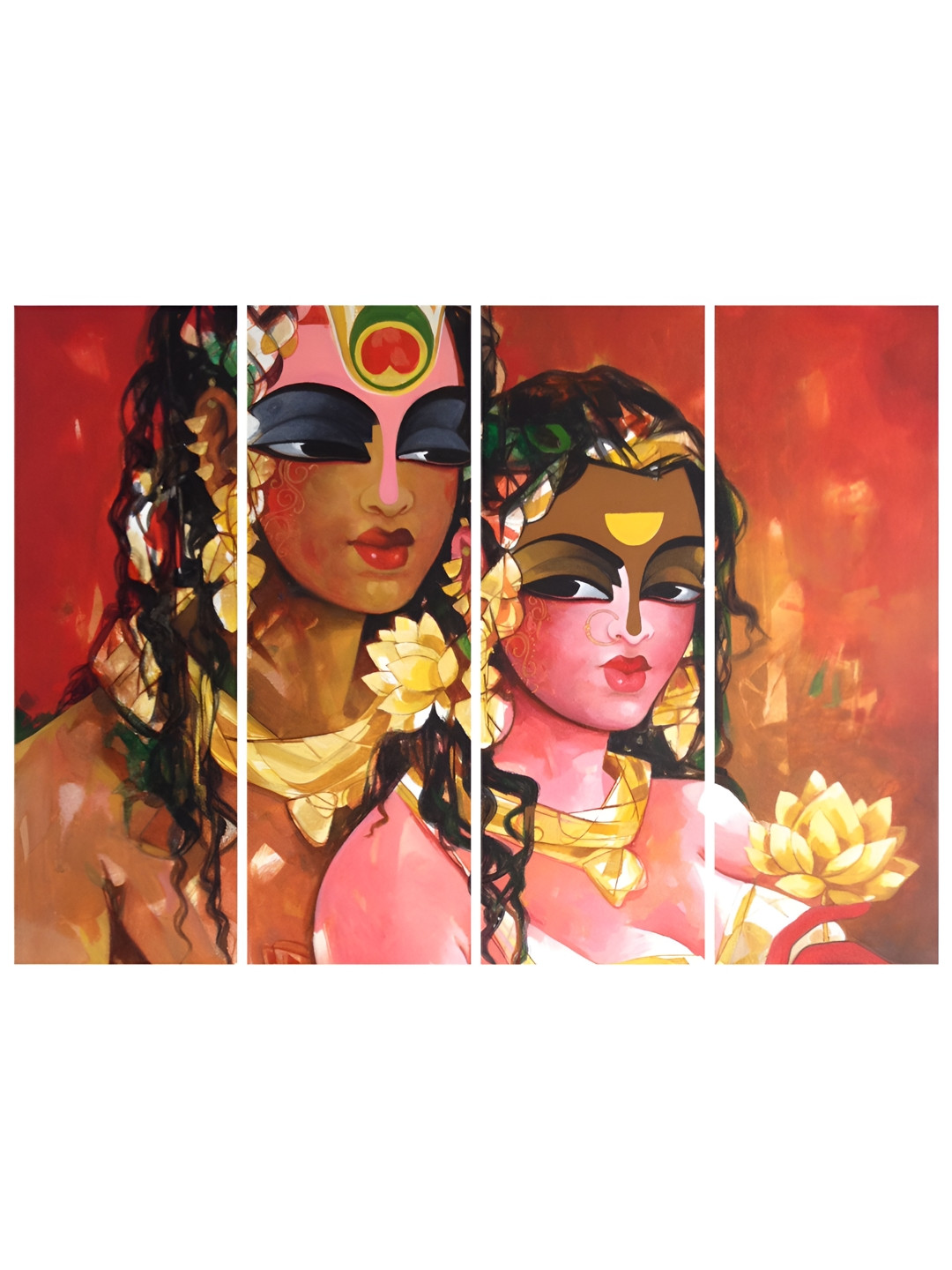 Inephos Red And Black 4 Pieces Radha Krishna Divine Love Religious Printed Vinyl Wall Arts