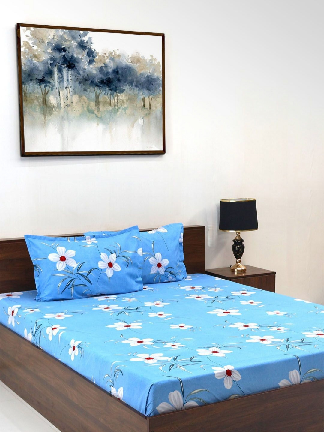 Steve & Anderson Chambray Blue Floral Microfiber 164 TC Queen Bedsheet with 2 Pillow Covers-88 x 100 inches