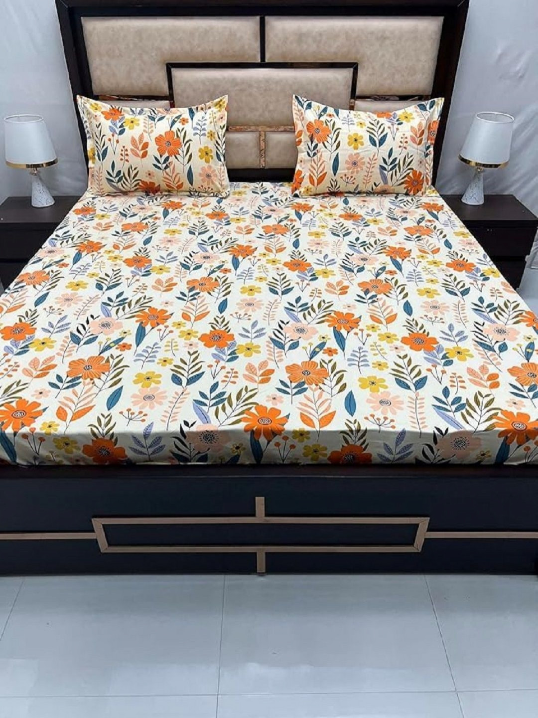 RRC Rr Creations Cream Floral Microfiber 220 TC King Bedsheet with 2 Pillow Covers-108 x 108 inches