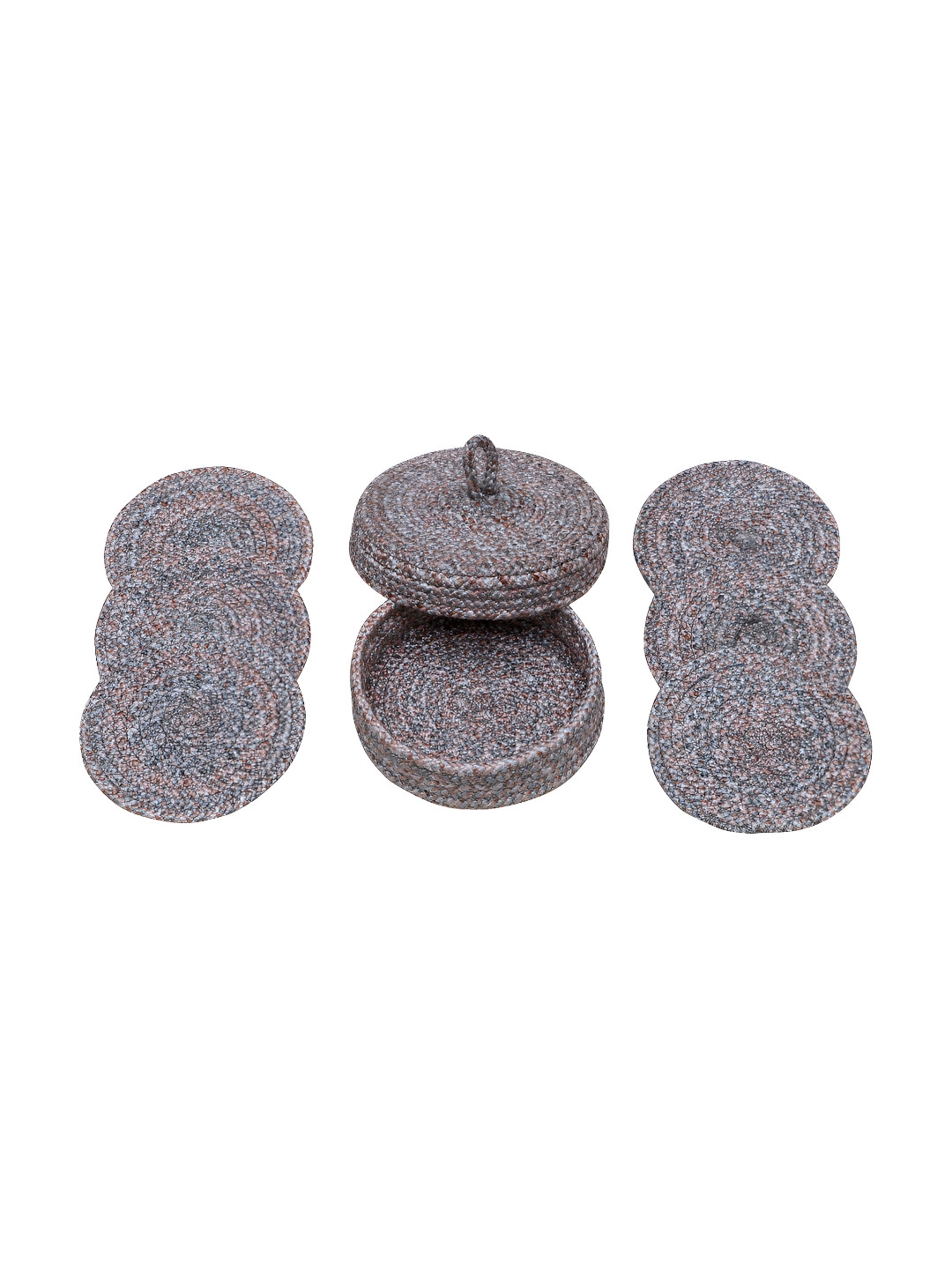 LADLI JEE Copper Toned & Grey 6 Pieces Textured Round Coasters With Lid Basket