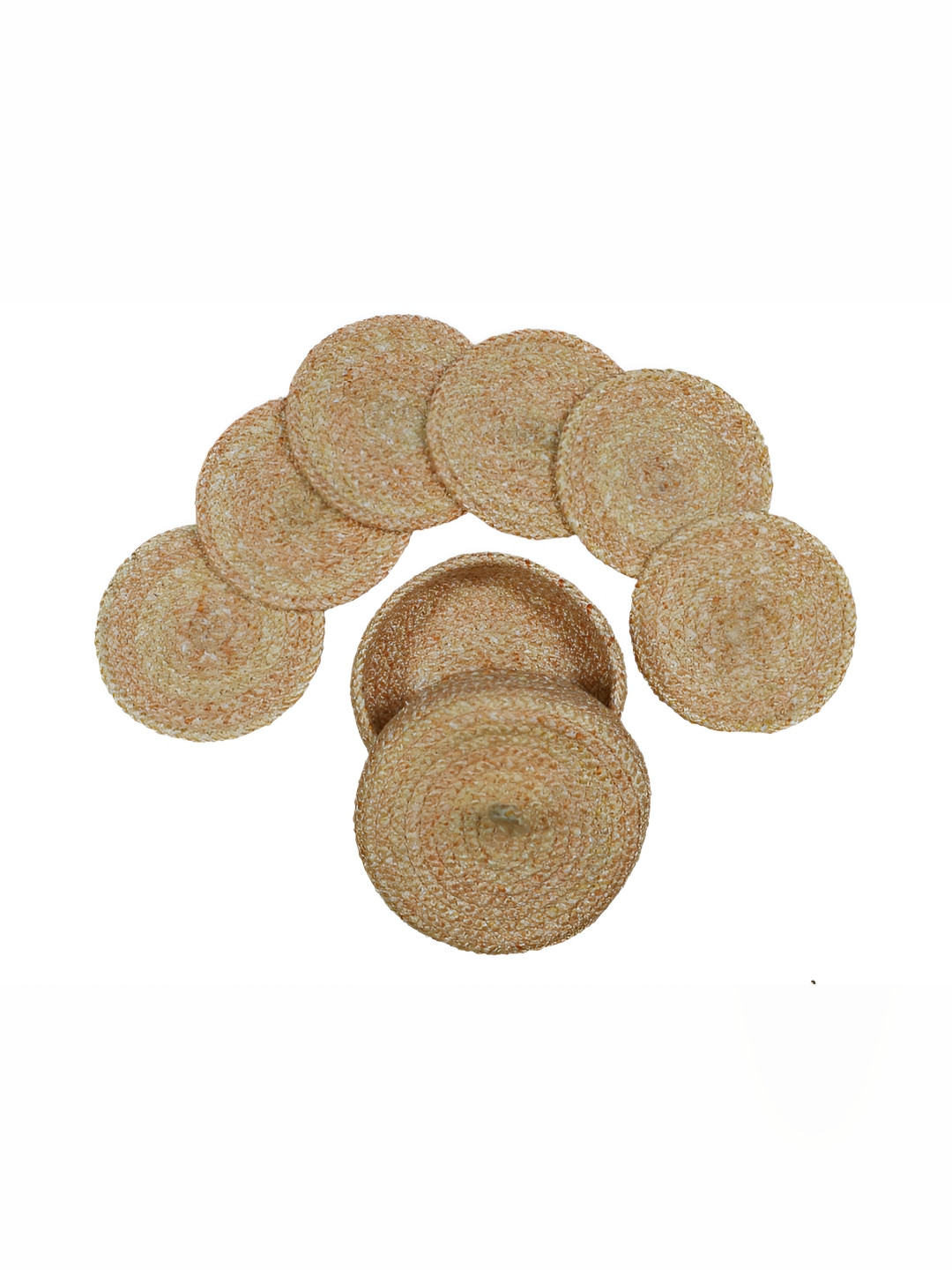 LADLI JEE Beige & Orange 7 Pieces Textured Round Coasters With Lid Basket