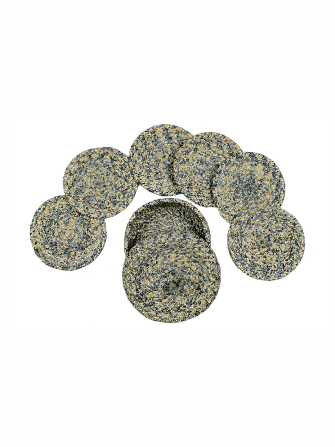 LADLI JEE Yellow & Grey 7 Pieces Textured Round Coasters With Lid Basket