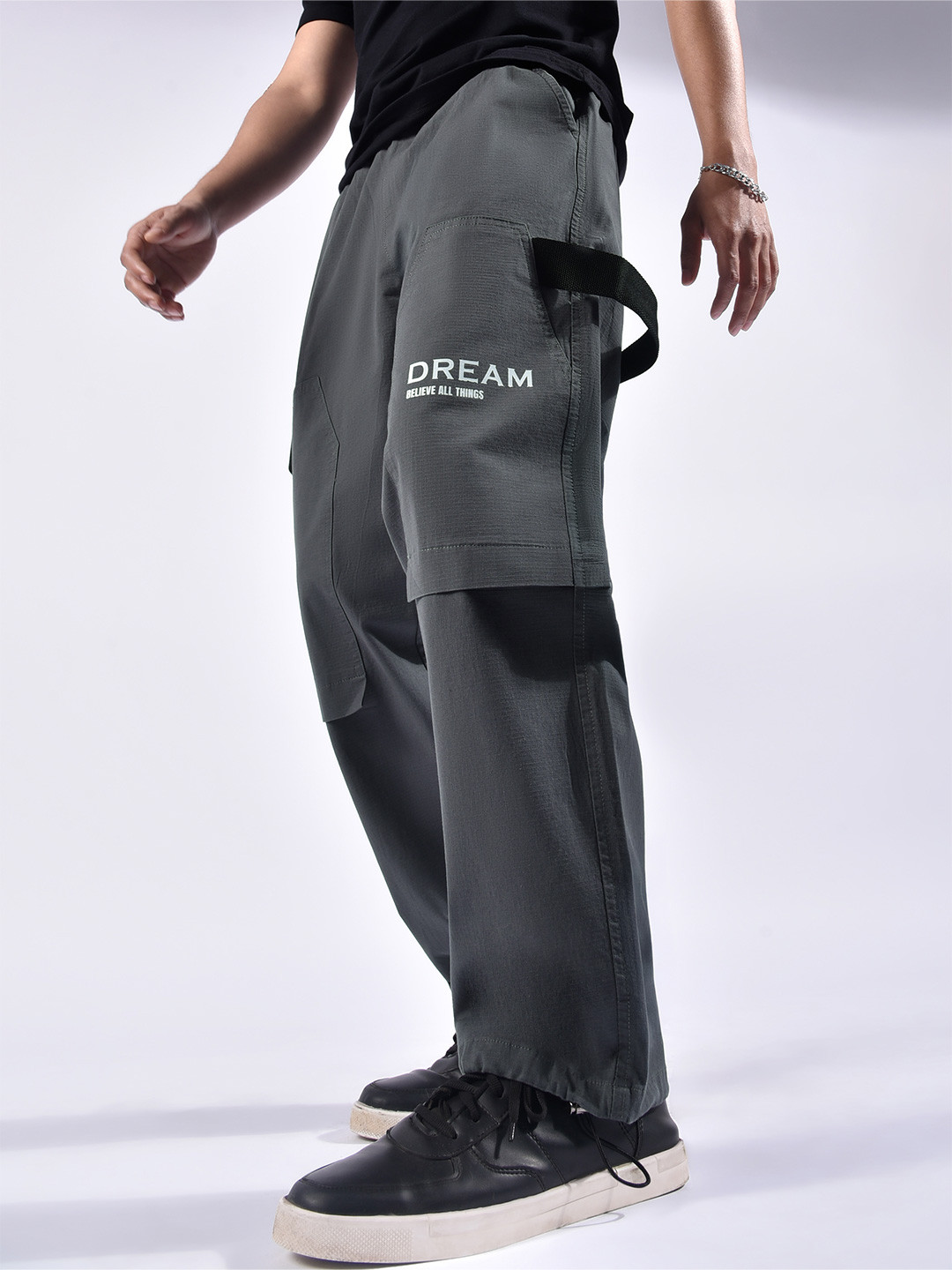 Beyoung Men Printed Cotton Grey Tape Detailed Cargo Pants