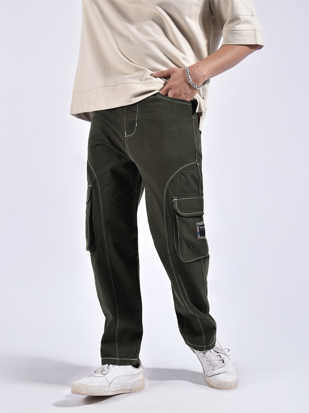Beyoung Men Cut And Sew Contrast Stitch Cargo Pants