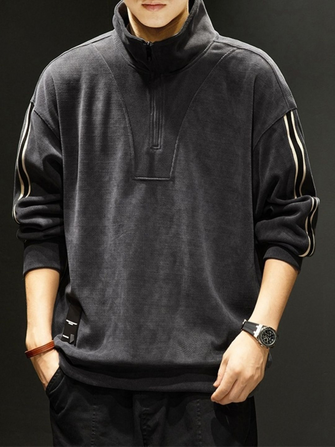 StyleCast Men Striped High Neck Long Sleeves Oversized T-shirt