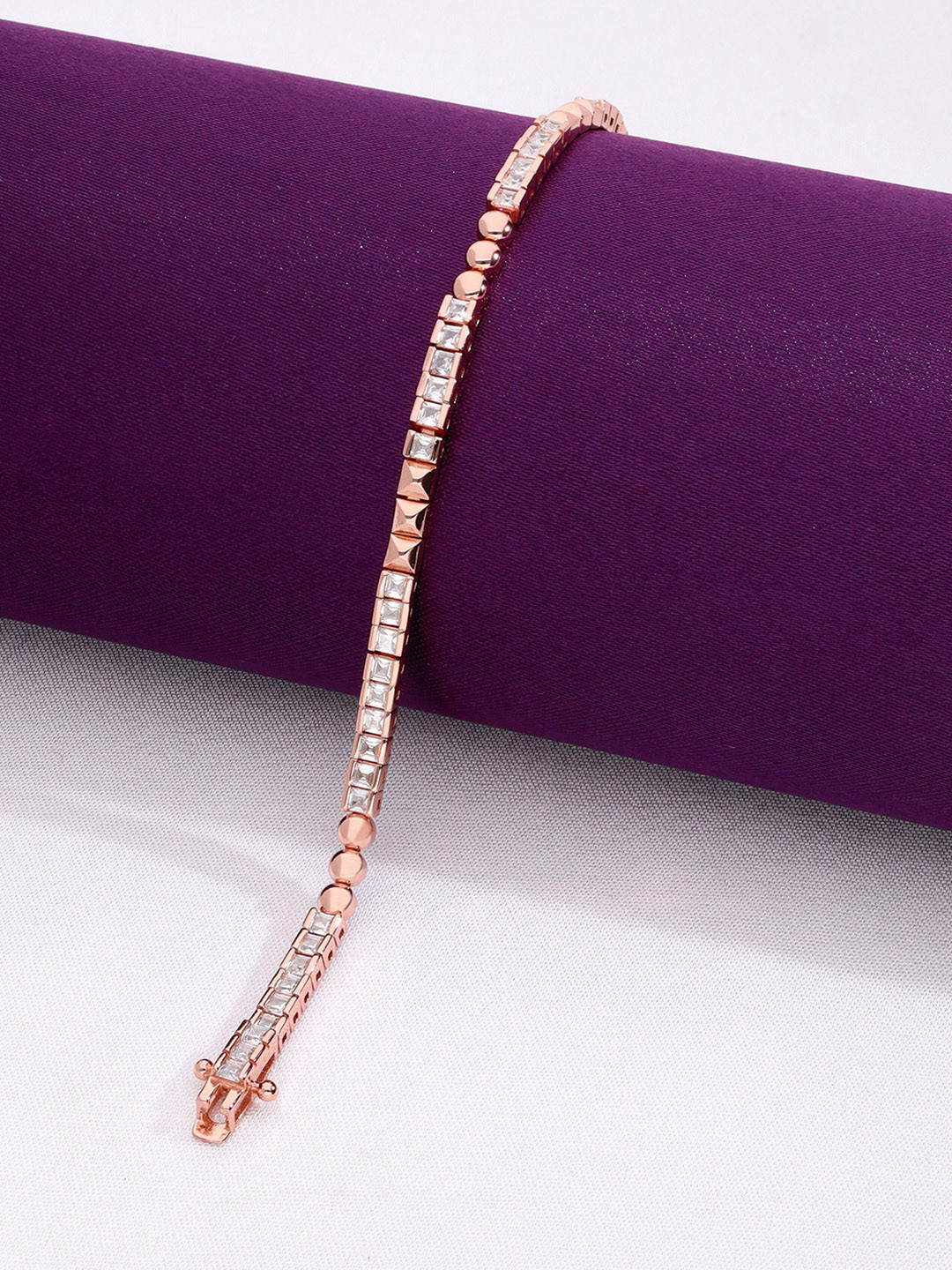 KAI JEWEL Women 92.5 Silver CZ-Stone Rose Gold-Plated Rectangle Baguettes Link Bracelet