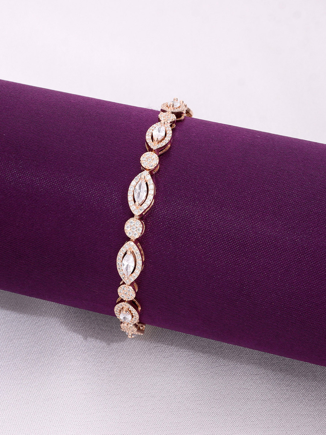 KAI JEWEL Women 92.5 Silver CZ-Stone Stylish Pear And Bezel Rose Gold-Plated Link Bracelet