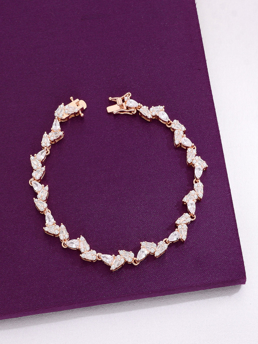 KAI JEWEL Women 92.5 Silver Cubic Zirconia Rose Gold-Plated Trendy Leaf Link Bracelet