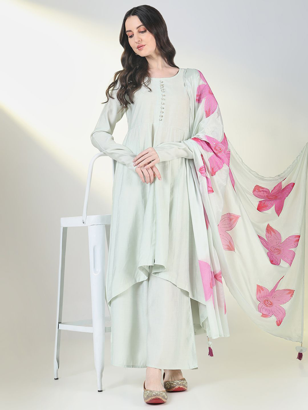 SHOWOFF Empire Round Neck A-Line Kurta With Palazzo And Dupatta