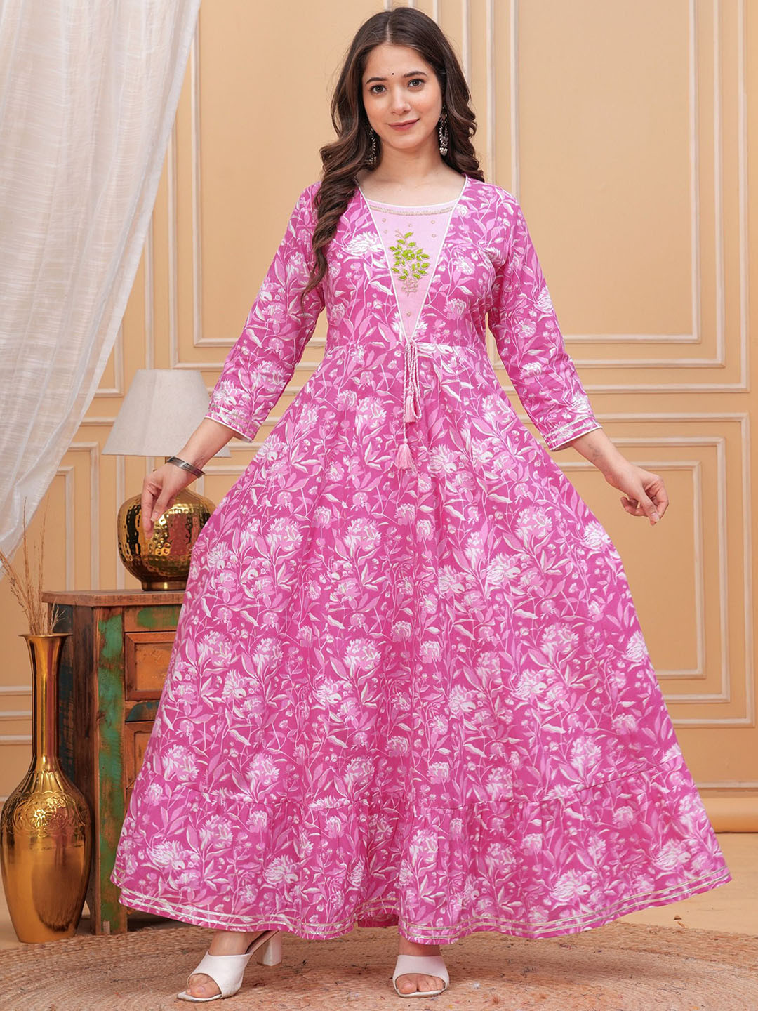 PARTHVI Floral Printed Panelled Pure Cotton Anarkali Kurta With Trousers & Dupatta