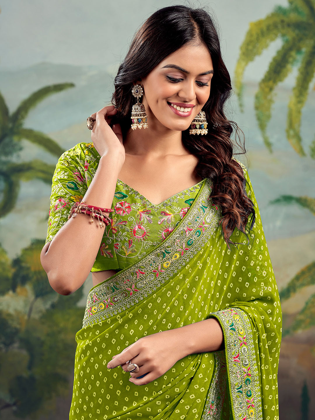 Satrani Bandhani Embroidered Pure Georgette Banarasi Saree