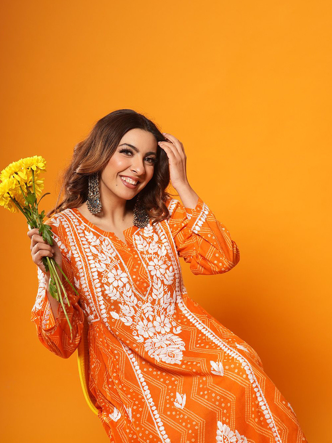 House of Chikankari Women Orange Mulmul Chikankari Embroidered Kurta