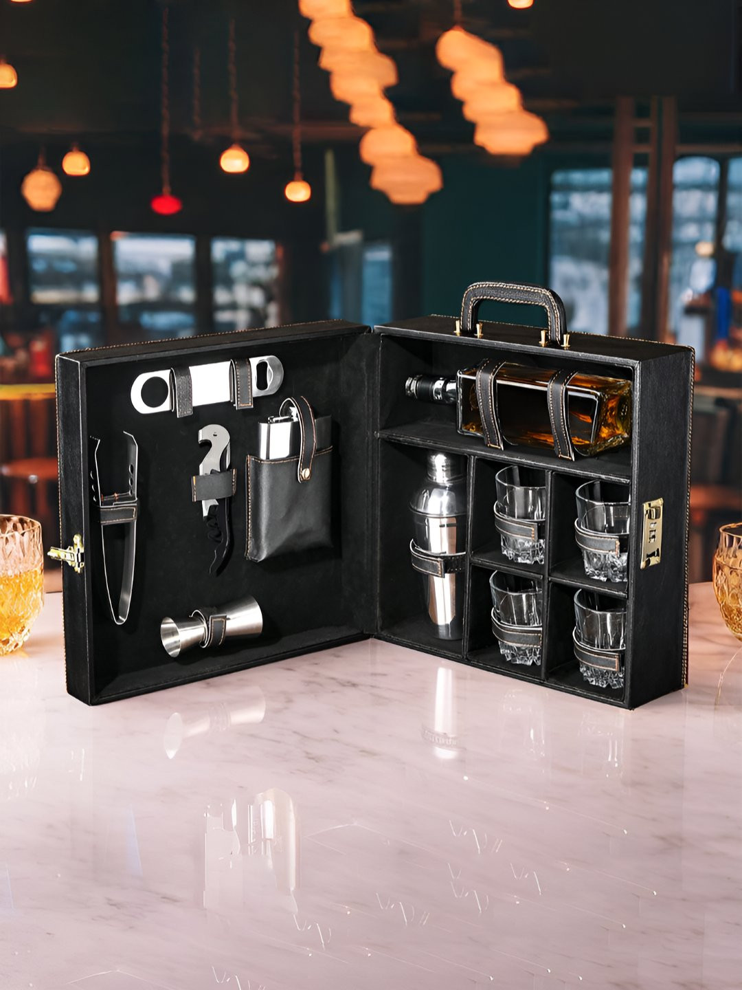 Kuber Industries Black 11 Pcs Set Faux Leather Portable Suitcase Design Cocktail Set