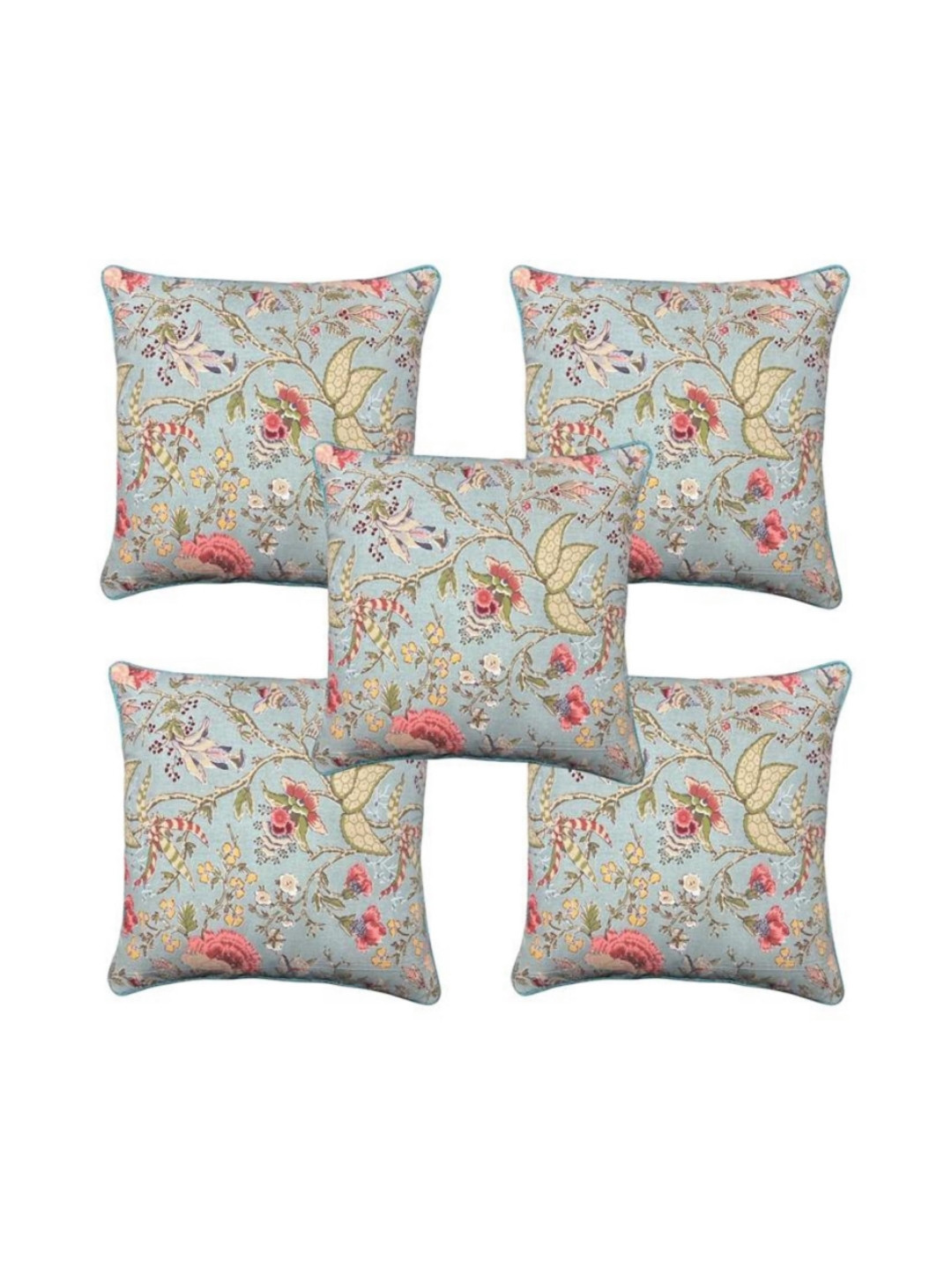 MONKDECOR Blue & Green 5 Pieces Floral Printed Cotton SquareShaped Cushion Covers