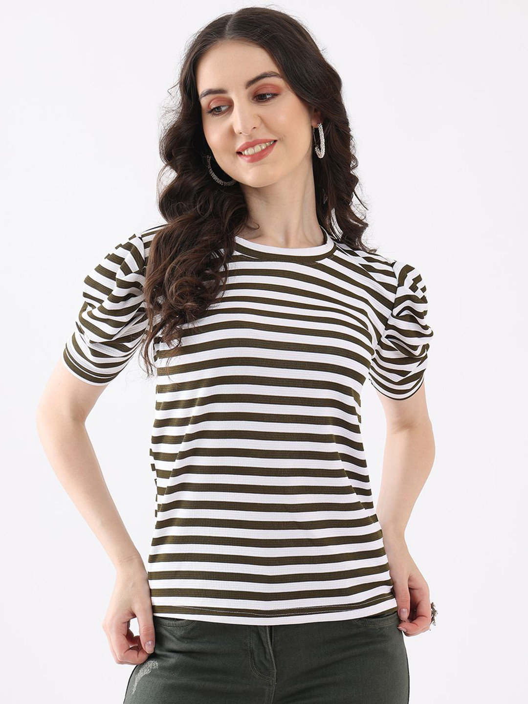 Kinjo Women Striped Round Neck Woollen T-shirt