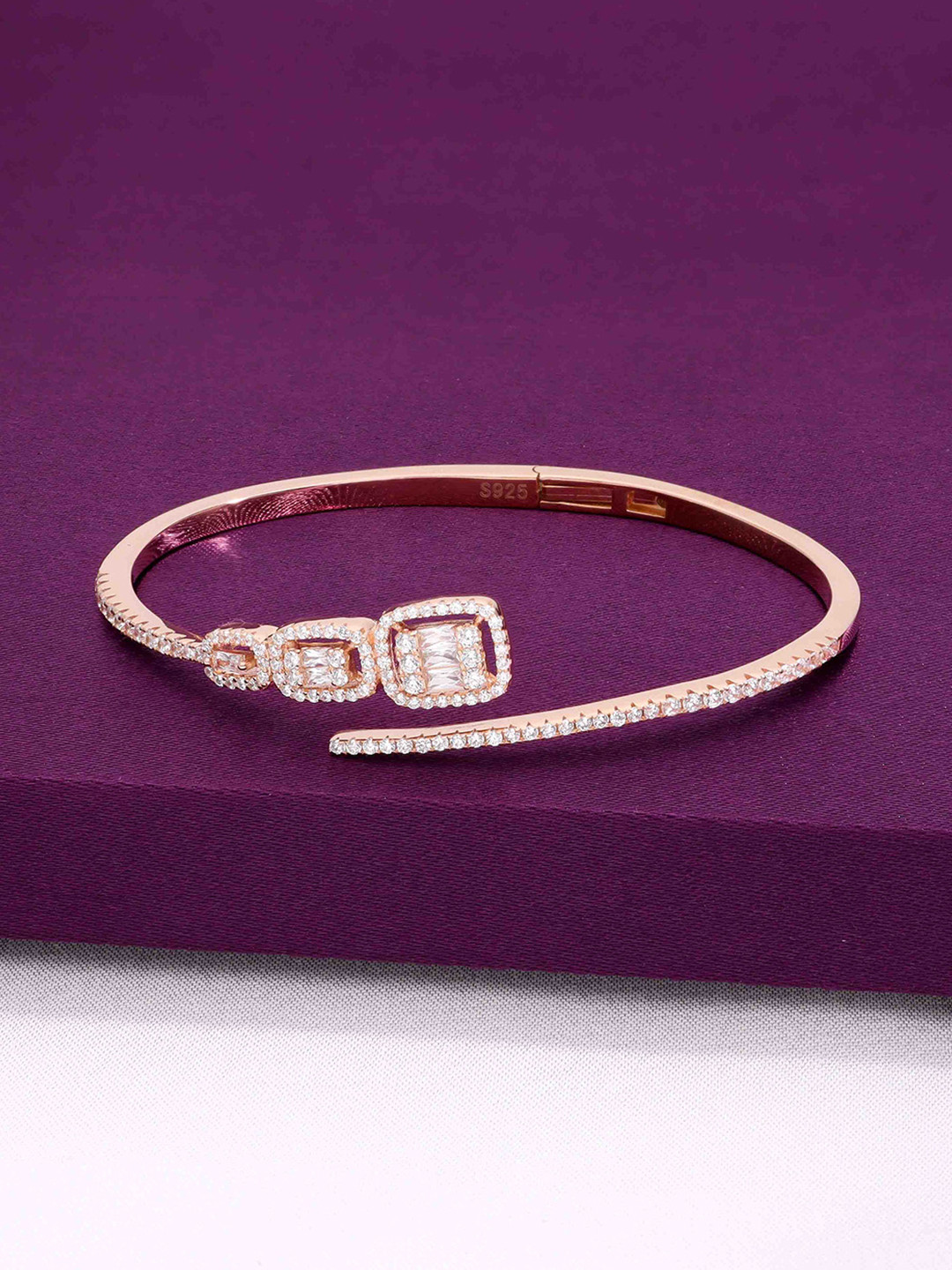 KAI JEWEL Sterling Silver Rose Gold-Plated Bold Baguettes Zircon Silver Bangle Bracelet