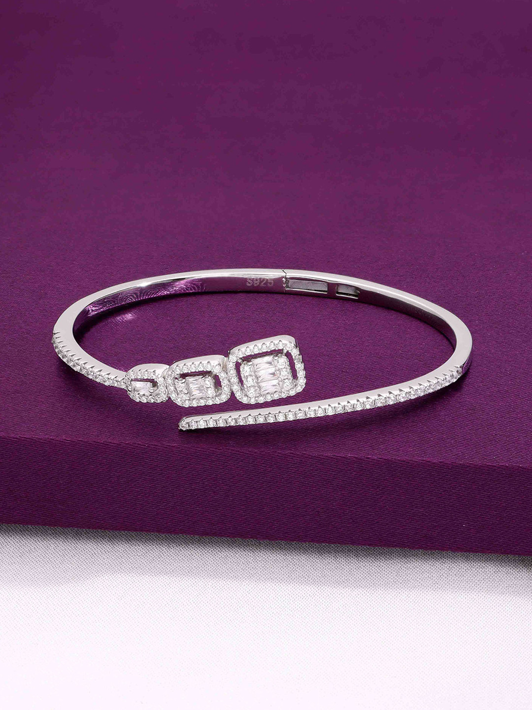KAI JEWEL Sterling Silver Rhodium-Plated Bold Baguettes Zircon Silver Cuff Bracelet