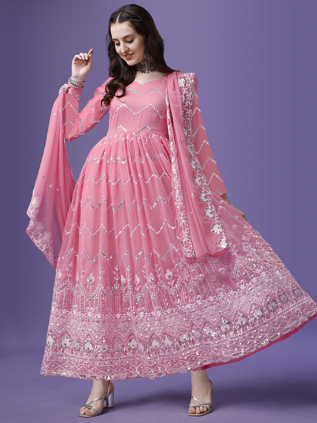 Kedar Fab Geometric Sequence Sweetheart Neck Georgette Anarkali Kurta With Dupatta